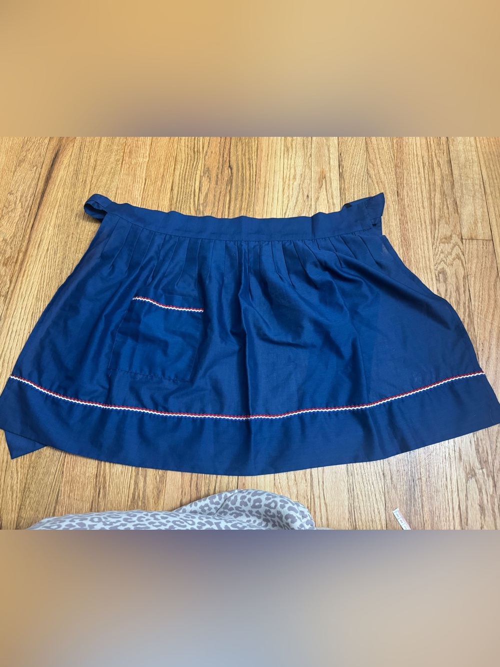 Vintage half apron with pocket, tie back, colorful stripes - blue fabric